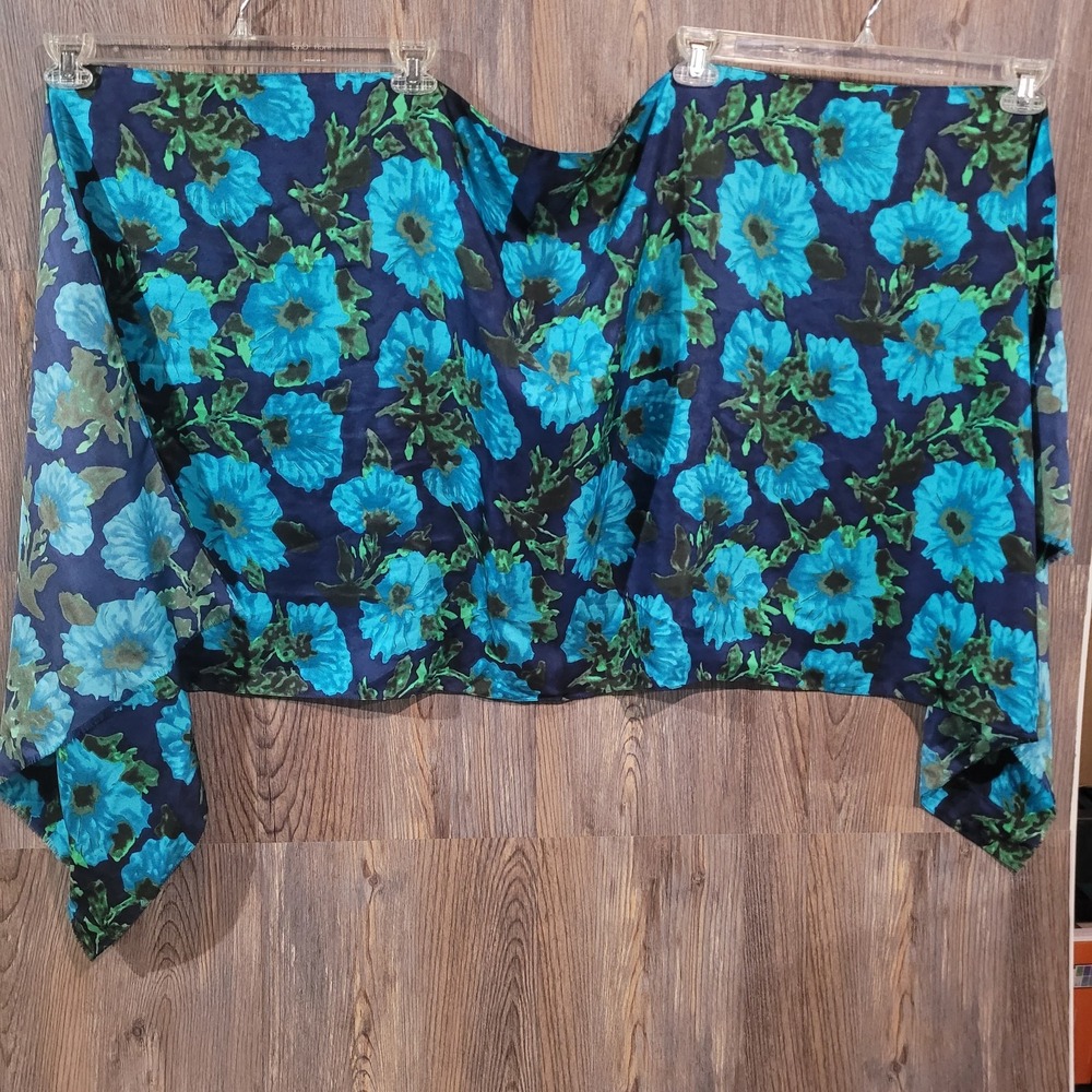 J Crew 100% Silk Scarf Blue Floral Style 15752 Fall 2012 One Size 76" x 24"